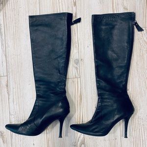 Black leather high heel boot